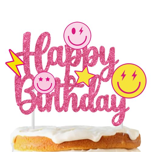Preppy Smile Face Party Cake Topper Preppy Birthday Party Decoration Rose Red Smile Face Happy Birthday Cake Pick Decoration for Girls Preppy Themed Birthday Bachelorette Party Supplies