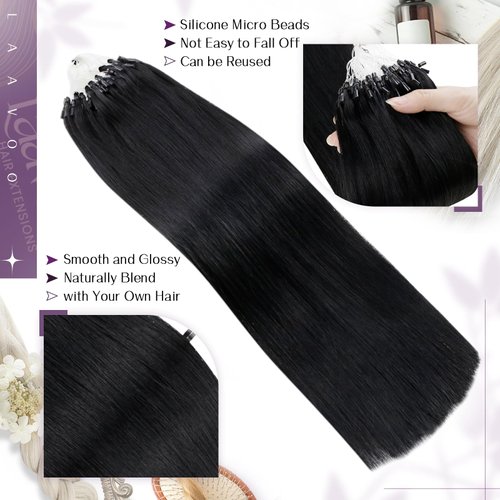 LaaVoo Micro Link Hair Extensions Human Hair Jet Black Microlink Hair Extensions Human Hair Black Micro Bead Hair Extensions Real Human Hair Straight Microbead Hair Extensions 50g 1g/strand 20 inch