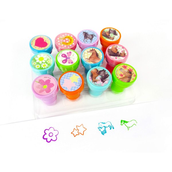 TINYMILLS 12 Pcs Horse Pony Western Stamp Kit for Kids Self Inking Stamps Gift Easter Basket Filler Teacher Stamp Set Rewards
