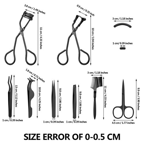 48 Pieces Eyelash Curler Makeup Tools Set, Include Mini Eyelash Curler Kit, Eyebrow and Eyelash Extension Tweezers, Eyelash Eyebrow Brush Comb and Eyelashes Scissors, Silicone Refill Pads (Black)