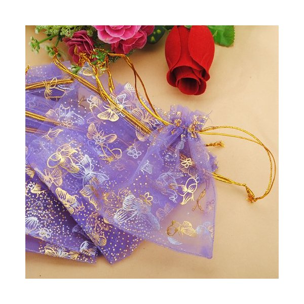 100pcs Butterfly Purple Eyelash Organza Drawstring Pouches Jewelry Party Wedding Favor Gift Bags 3.8"x4.7"