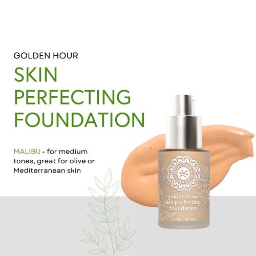 Honeybee Gardens Golden Hour Skin Perfecting Malibu (medium shade great for olive or Mediterranean skin tones) Liquid Foundation | Luxurious Golden Hour Radiance, 34.5ml/1.16 fl oz
