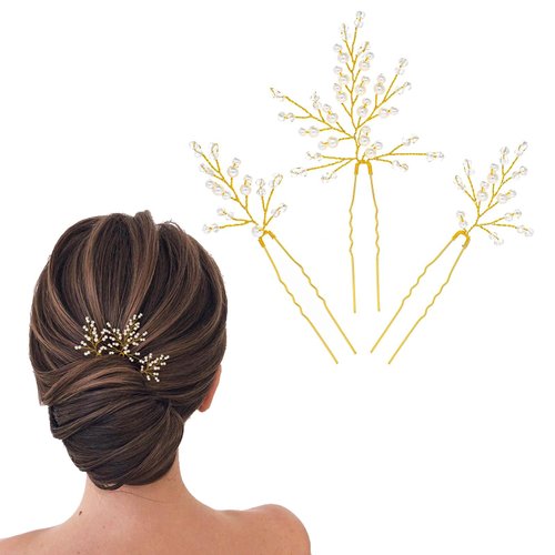 Foryysa Bridal Wedding Hair Pins for Women Gold Rhinestone Pearl Vine Headpiece Elegant Flower Handmade Headwear Sparkly Design (3 pcs)