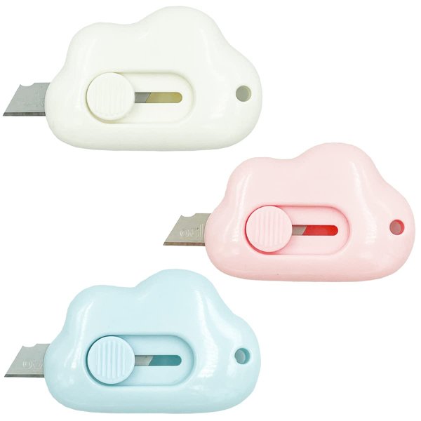 Cute Retractable Box Cutters - 3Pcs Cloud Shaped Mini Art Cutter Utility Knife Office School Stationery for Cutting Envelopes Letter Paper Cutting DIY Crafts