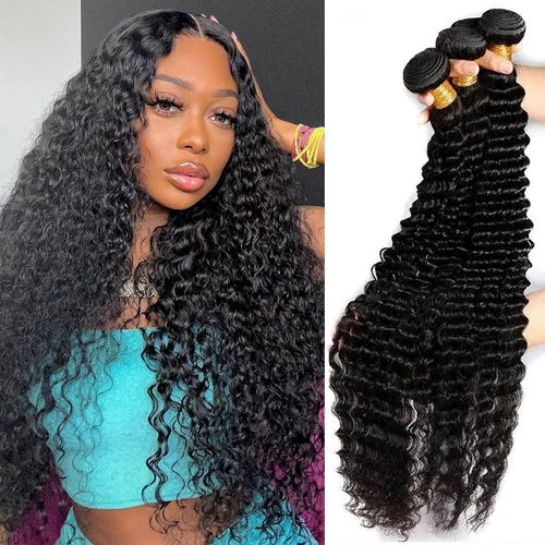 12A Brazilian Deep Wave Bundles Human Hair Bundles 22 24 26 Inch Deep Wave Wet and Wavy Human Hair 3 Bundles for Black Women Curly Wave Human Hair Bundles Water Wave Human Hair Extensions