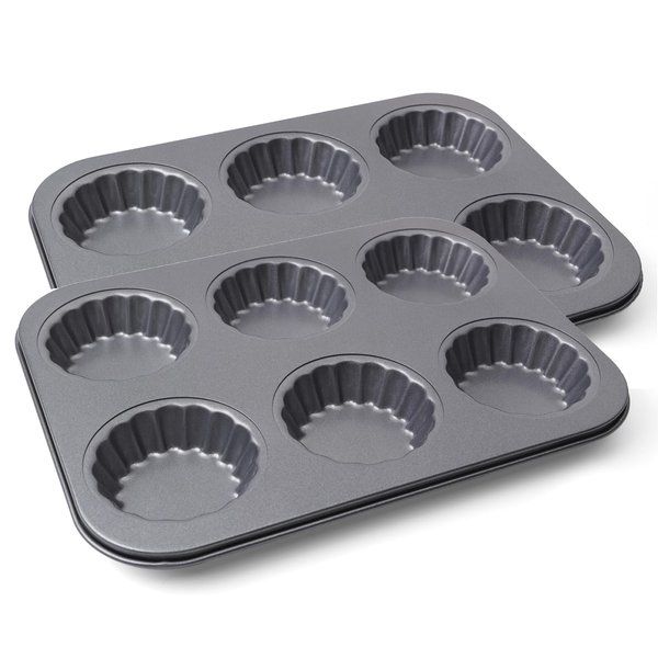 Sinsanye 2 Pack Mini Tart Pan, 2.75" Egg Tart Molds 6-Cavity Non Stick Fluted Mini Tart Mould, Reusable Quiche Bakeware Carbon Steel for Pies, Quiche, Cheese Cakes, Desserts(Not Included Cutting Mold)