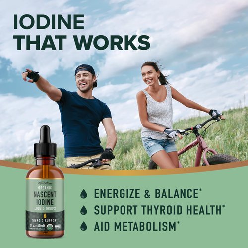 Organic Iodine Liquid for Thyroid Support | Nascent Iodine Supplements | USDA Certified Organic | Decolorized Potassium Iodide Liquid for Thyroid Support | 1100 mcg | 2 Fl Oz, Over 1-Year Supply