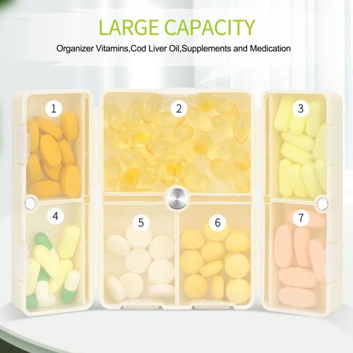 FYY Daily Pill Organizer,2 Pcs 7 Compartments Portable Pill Case Travel Pill Organizer,[Folding Design]Pill Box for Purse Pocket to Hold Vitamins,Cod Liver Oil,Supplements and Medication-White