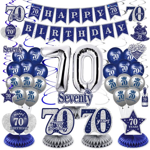 Blue 70th Birthday Decorations for Men Women, 47Pcs Navy Blue Silver Happy 70th Birthday Banner Balloons Honeycomb Centerpiece Hanging Swirls Kit for Cheer to 70 Years Birthday Party Supplies Decor