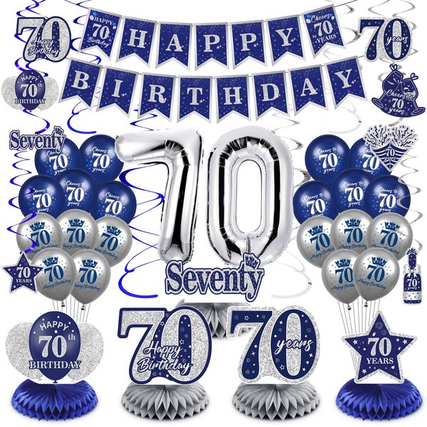 Blue 70th Birthday Decorations for Men Women, 47Pcs Navy Blue Silver Happy 70th Birthday Banner Balloons Honeycomb Centerpiece Hanging Swirls Kit for Cheer to 70 Years Birthday Party Supplies Decor