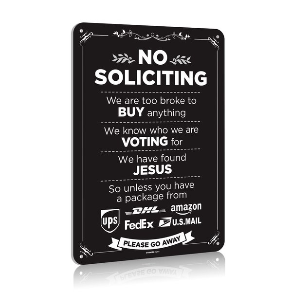 No Soliciting Sign for House Funny 14" X 10" No Soliciting Yard Sign, Bigger Premium PVC, Sun-proof, Rust-free (Black)