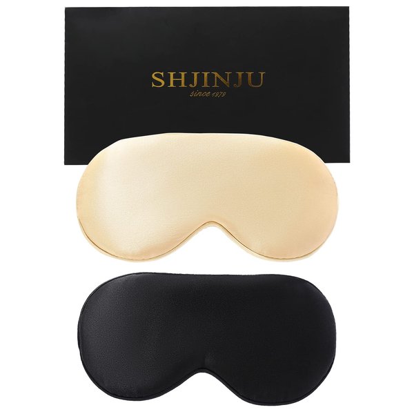 2-Pack 100% Real Natural Silk Eye Mask, Silk Sleeping Mask, Shade Puffy Eye Gift with Adjustable Straps, Sleep Eye Mask, SHJINJU Eye Mask Shade (Black and Champagne)