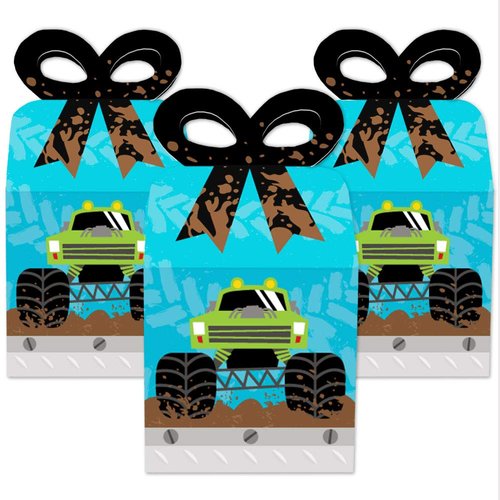 Big Dot of Happiness Smash and Crash - Monster Truck - Square Favor Gift Boxes - Boy Birthday Party Bow Boxes - Set of 12