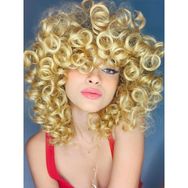 KEAT Curly Wigs for Black Women Short Big Curly Kinky Wigs for Women Afro Wavy Mixed Blonde Wig with Bangs Cute Natural Synthetic Wigs for African American Women K016BD