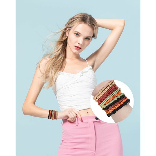 Volnova Boho Hair Tie Bracelets for Women, 20 Pieces, 4 Styles, Gorgeous Dual-Use Bracelet and Hair Tie, Soft & Stylish No Damage Hair Accessories, Beige, Light Brown, Black, Chestnut, Orange
