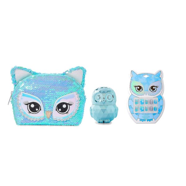 Justice For Girls Owl 3pc Sequin Cosmetic Gift Set Lip Gloss Nails Bag