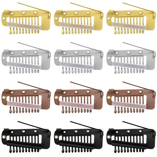 Wig Clips To Secure Wig No Sew, 12 Pcs 10-Teeth Chunni Clips, Wig Combs with Safety Pins Hair Extension Clips Styling Tools for Women Girls Wig Headscarf, 4 Colors (Gold, Silver, Brown, Black)