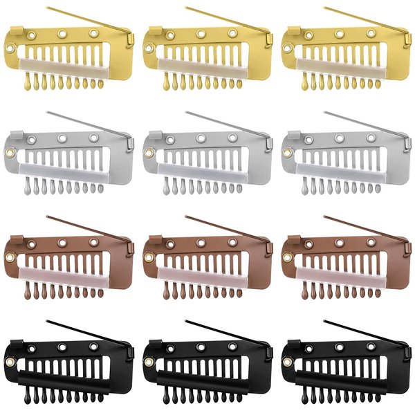 Wig Clips To Secure Wig No Sew, 12 Pcs 10-Teeth Chunni Clips, Wig Combs with Safety Pins Hair Extension Clips Styling Tools for Women Girls Wig Headscarf, 4 Colors (Gold, Silver, Brown, Black)
