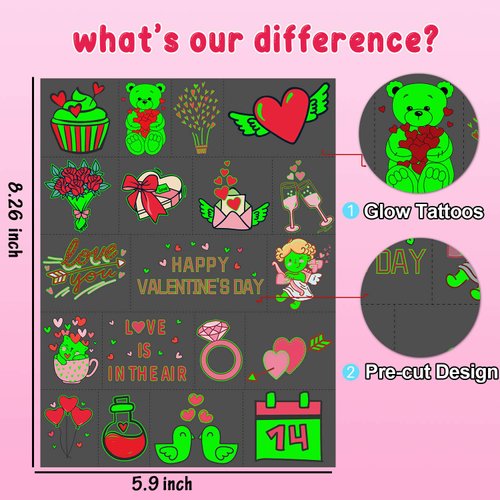 Partywind Luminous Valentines Day Temporary Tattoos for Kids, 38 Styles Glow Valentines Day Decorations Party Favors Supplies Decor, Valentine Heart Stickers for Kids to Exchange Gifts (2 Sheets)