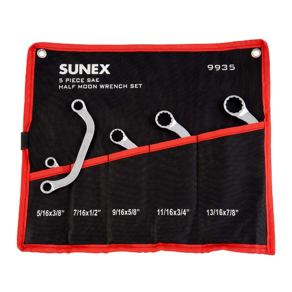 Sunex Tools 9935 SAE Half Moon Wrench Set, 5/16"x3/8" - 13/16"x7/8", Fully Polished, 5-Piece (Includes Roll-Case)