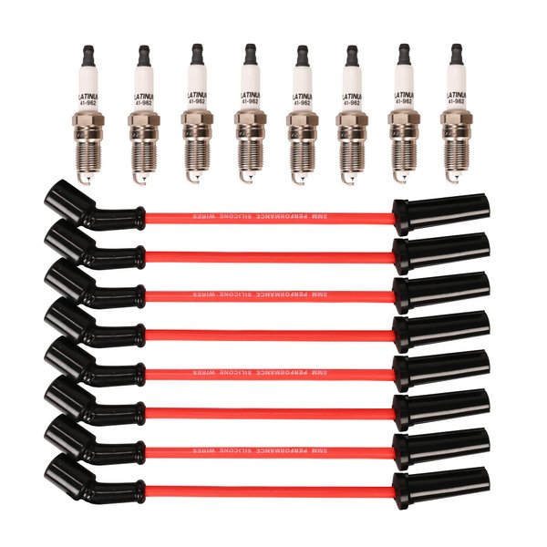 Spark Plug Wires Set 9748HH 8.0mm Red + 41-962 Spark Plugs Compatible with Cadillac Escalade, Chevy Silverado Suburban Tahoe GMC Sierra Yukon 16-Pack