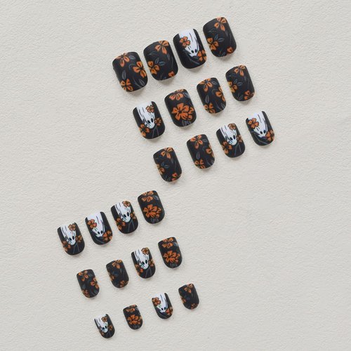Halloween Press on Nails Black Fake Nails Short Square False Nails Ghost Flower Glue on Nails Full Cover Acrylic Nails Cute Halloween Stick on Nails for Women Girls Manicure Decorations 24Pcs