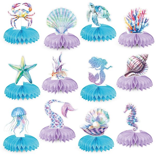 12Pcs Little Mermaid Party Decorations, Mermaid Birthday Honeycomb Decor Table Centerpieces Under the Sea Party Decorations, Ocean Themed Party Decors for Baby Shower Children Birthday Party Supplies