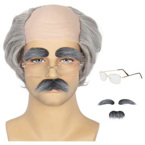 Miss U Hair Old Man Wig and Mustache Eyebrows Short Grey Bald Cap With Hair On Sides Balding Grandpa Wig