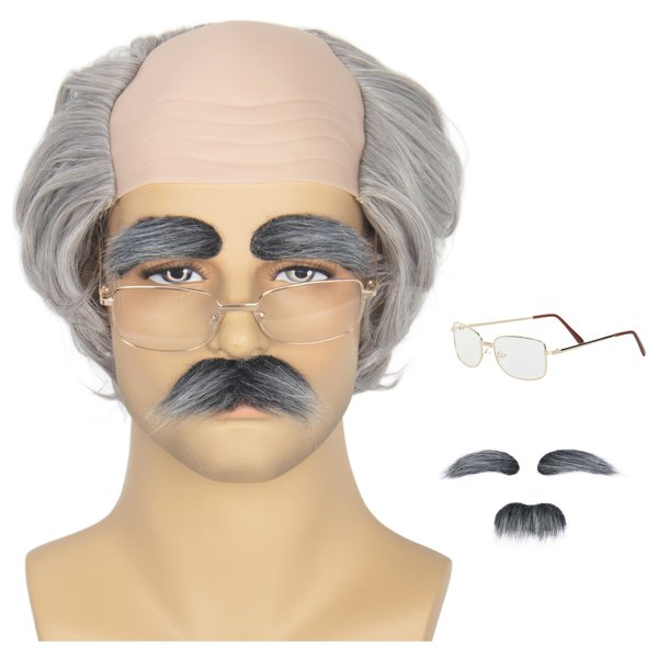 Miss U Hair Old Man Wig and Mustache Eyebrows Short Grey Bald Cap With Hair On Sides Balding Grandpa Wig