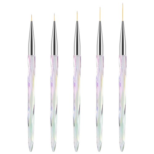 TEOYALL Nail Art Liner Brushes, Fine Line Nail Brush 7/9/11/15/20mm Thin Detail Precision Drawing Brushes for Gel Nail Polish