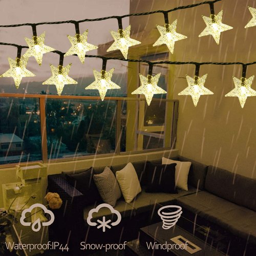 Windpnn Solar String Lights Outdoor, Solar Powered Star String Lights, 30ft 50LED 8 Modes Waterproof Christmas String Lights for Gardens Patio Landscape Xmas Tree Decorations(Warm White)