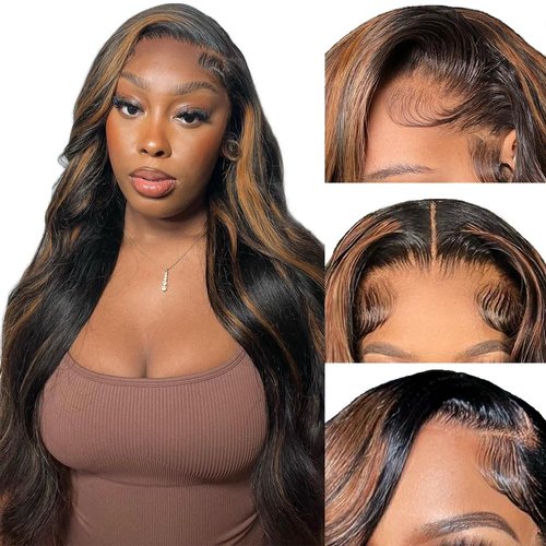 Afribye 30 Inch 13x6 Highlight Lace Front Wig Human Hair Body Wave 200 Density HD Lace Front Wigs Human Hair Pre Plucked FB/30 Ombre Glueless Wigs 13x6 Lace Frontal Balayage Wigs Human Hair for Women