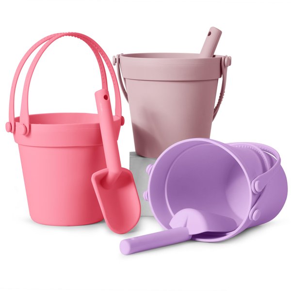 MarcZero Beach Buckets Set Toy Buckets with 3 Beach Buckets、3 Shovels、Beach Mesh Bag,Silicone Beach Toys Sand Toys for Toddlers, Kids Party, Camping Gear, Travelling (Pink&Purple&Coral Pink)