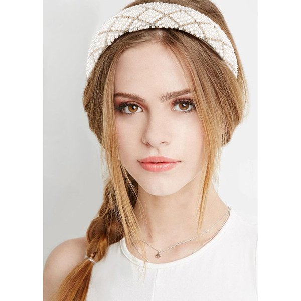 KICOSY Pearl Headband for Women Pearl Padded Headband White Pearl Headband Beaded Headband with Rhinestone Wedding Headband Pearl Accessories for Women (Champagne)