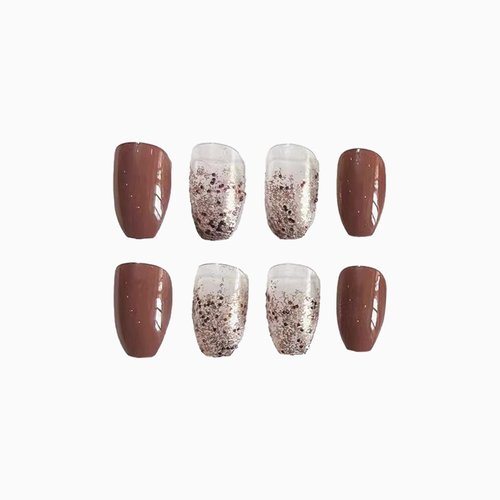 SINHOT Medium Coffin Press on Nails Ballerina Fake Nails Glossy Glue on Nails Brown Gradient Acrylic Nails with Brown Glitter False Nails Designs 24 pcs