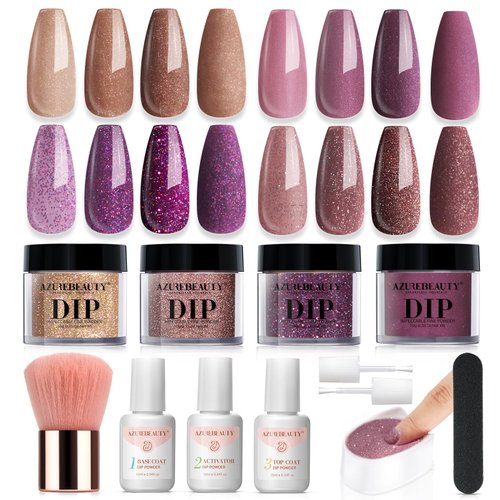 AZUREBEAUTY Dip Powder Nail Kit, 4 Colors Brown Purple Glitter Dipping Powder Starter Liquid Set Recycling Tray with Base & Top Coat Activator for French Nail Art Manicure Salon DIY at Home