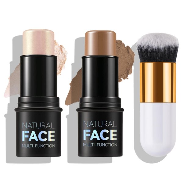 QIUFSSE Bronzer Stick Highlighter Stick Cream Contour Stick Makeup,2PCS Moisturize Contour Kit with Contour Brush,Long Lasting & Smooth Highlighters Makeup Stick for Beginner-Light Medium