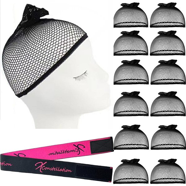 Hair Net for Long Hair Black Wig Cap 12 Pcs Wig Caps For Women Transparent Wig Cap For Lace Front Wig Invisible Sheer Wig Cap with Elastic Wig Band Set Wig Accessories（12 Wig Caps+1 Wig Band）