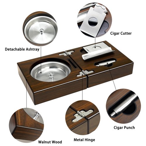 OYHBO Wooden Cigar Ashtray Set with Cigar Cutter and Punch - Foldable Travel Compact Cigar Holder Ashtray Collection Gift