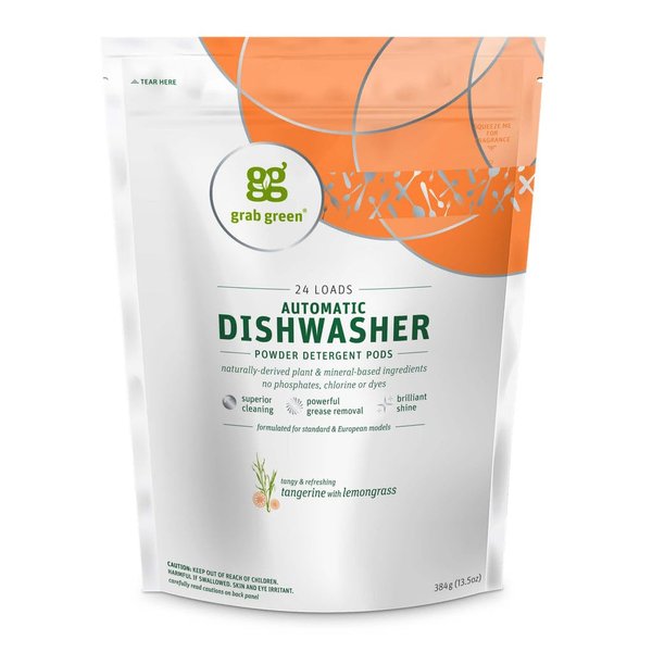 Grab Green Automatic Dishwashing Detergent Pods, 24 Count, Tangerine Lemongrass Scent, Plant and Mineral Based, Superior Cleaning, Powerful Grease Removal, Brilliant Shine