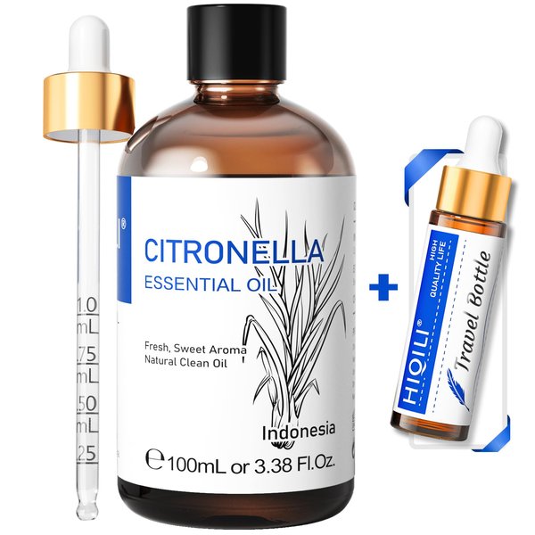 HIQILI 100ML Citronella Essential Oil for Homemade Sprays, Add to Diffuser 100% Pure and Natural Undiluted 3.38 Fl Oz