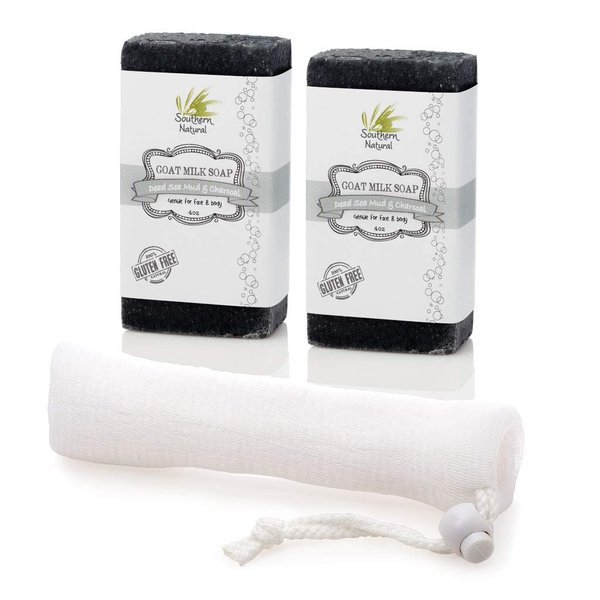 Southern Natural Activated Charcoal Soap Bar (2 Pack) For Dry, Sensitive Skin. Great For Face & Body. Made With Dead Sea Mud, Goat Milk & Peppermint Essential Oil. 4 oz bars