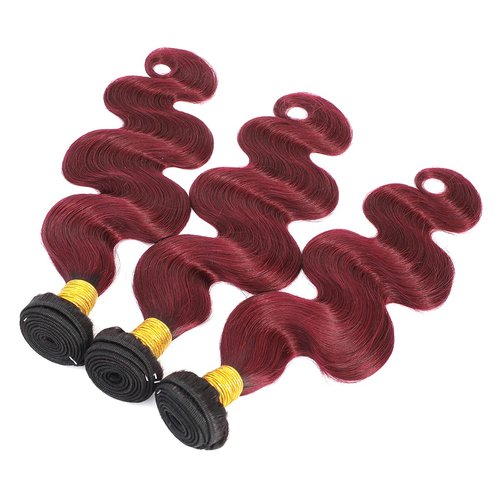 Feelgrace Ombre Bundles Human Hair 3 Pieces 300 Gram, 100% Brazilian Human Hair Extension 3 Bundles, Ombre 1B Burgundy Body Wave Bundles, 10A Soft Human Hair Weave Bundles 16 18 20 Inch