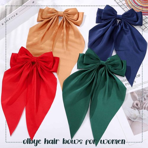 Olbye Hair Bows for Women Silky Satin Hair Ribbon Long Tail Bow Hair Clips Big Coquette Bows Black Hair Bow White Hair Ribbons Bows Hair Accessories for Women and Girls 4Pcs (Hair Bows D)