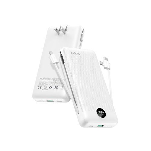 VRURC Power Bank 20000mAh, Fast Charging Portable Charger USB C,4 Output 2 Input Charging Bank Equipped with LED Display,Built-in Wall Plug and Cables,Cell Phone Replacement Battery,White