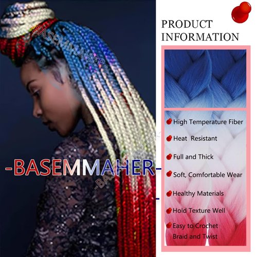 Colored Braiding Hair Extensions for Women Girls Red White Blue Ombre Jumbo Braids Crochet Synthetic Fiber Hair Pre Stretched High Temperature Heat Resistant Braiding Hair 24 Inch