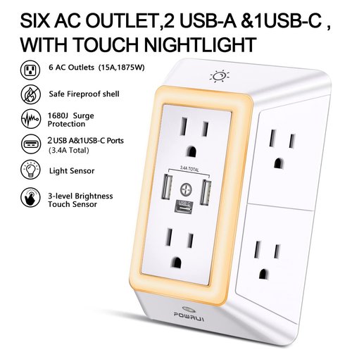 Multi Plug Outlet Surge Protector - POWRUI 6 Outlet Extender with 3 USB Ports (1 USB C) and Night Light, 3-Sided Power Strip with Adapter Spaced Outlets - White，ETL Listed