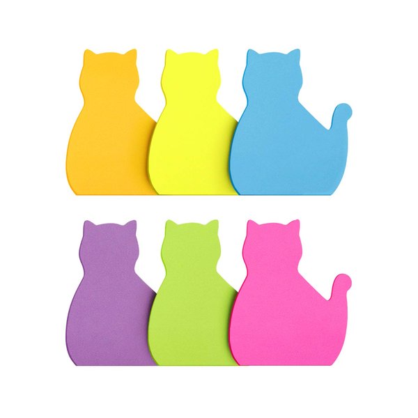 Cat Shape Sticky Notes 6 Color Bright Colorful Sticky Pad 75 Sheets/Pad Self-Sticky Note Pads (6 Pads)