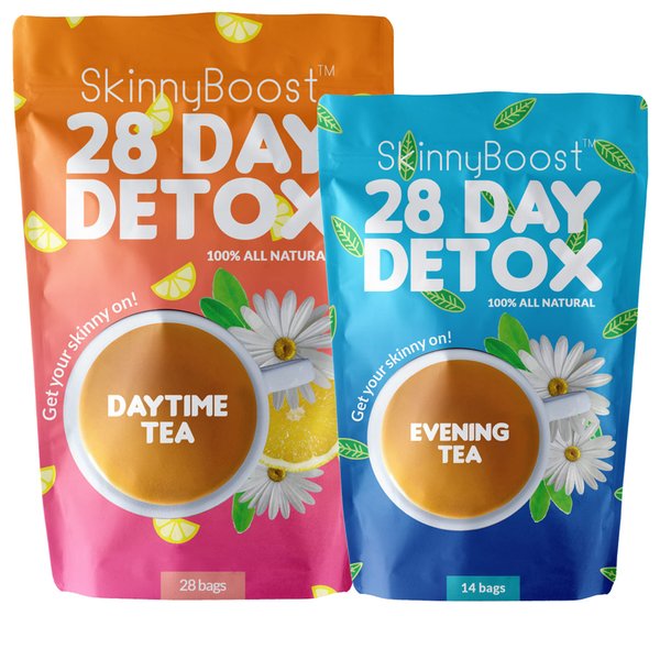 Skinny Boost 28 Day Detox Tea Kit -Daytime Tea (28 Bags) Evening Tea (14 Bags) Non GMO, Vegan, Reduce Belly Bloating, Increase Energy, All Natural Detox and Cleanse