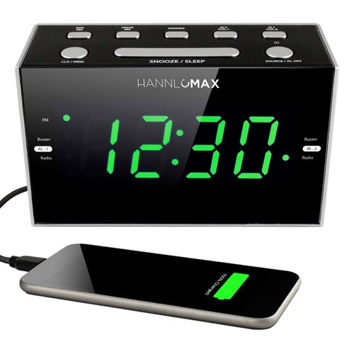 HANNLOMAX HX-122CR Alarm Clock Radio, PLL FM Radio, Dual Alarm, 1.2 inches Green LED Display, USB Port for 1A Charging, AC Power Operation only.